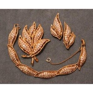 Vintage Milk Rhinestone Bracelet Brooch Earrings Set